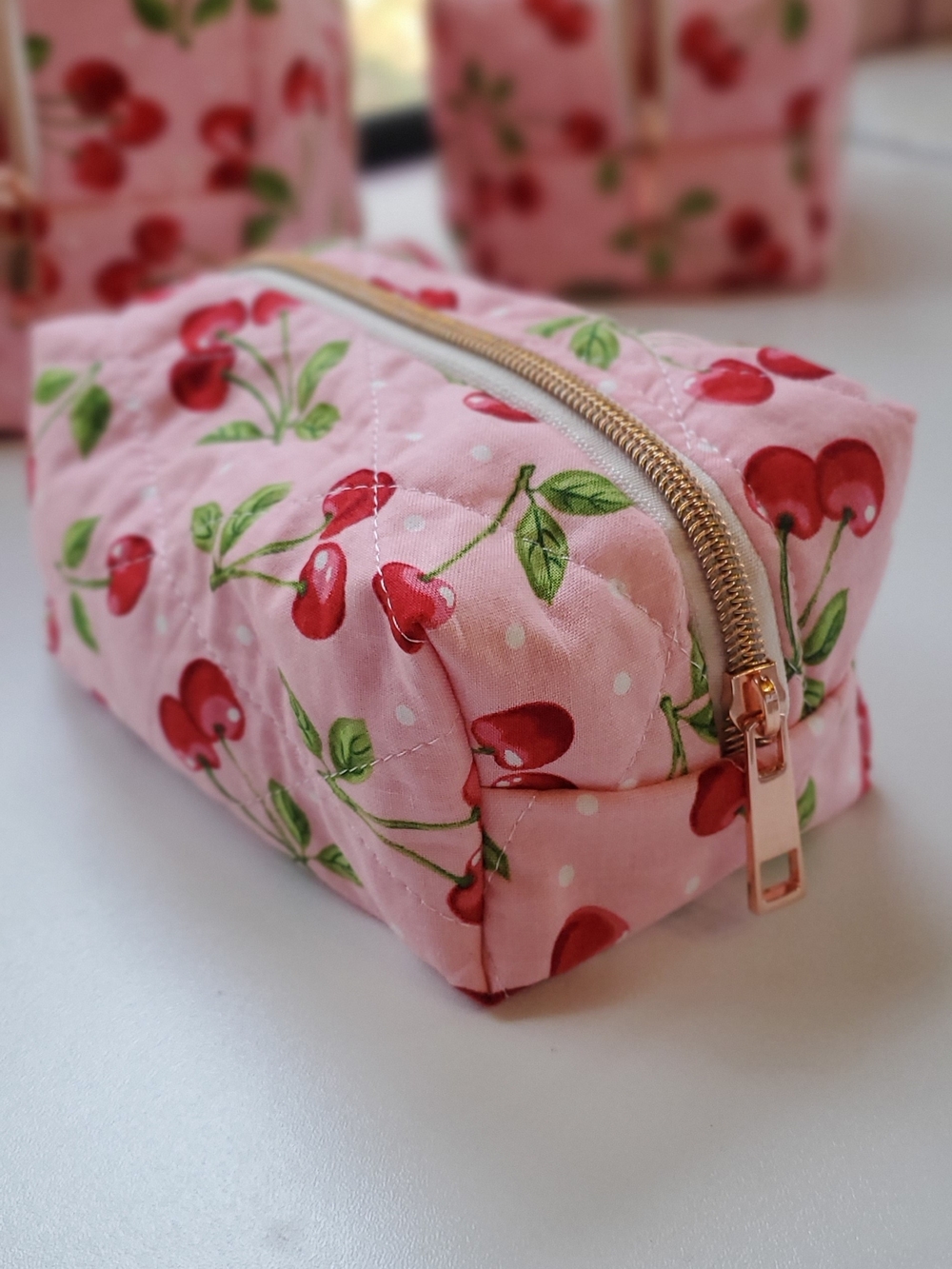 Mini Pink Cherry Quilted Cosmetic Pouch